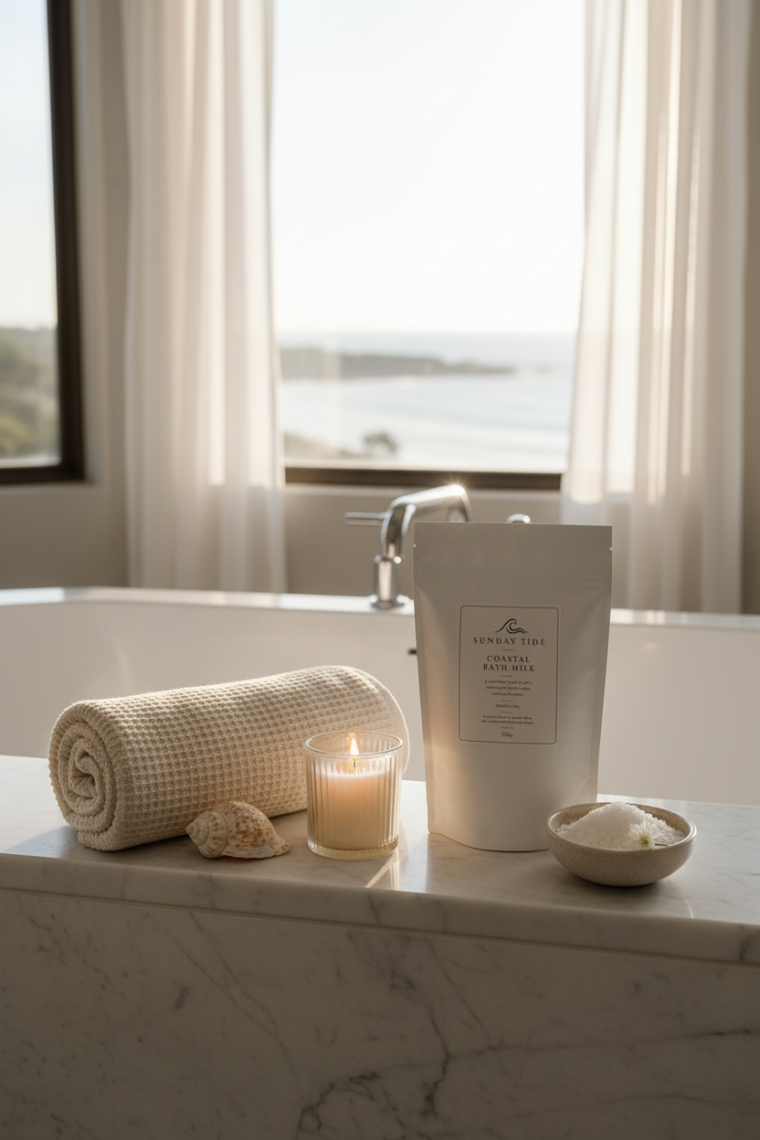 Coastal Bath Milk Shoreline styled on bathtub edge with cream towel and lit candle