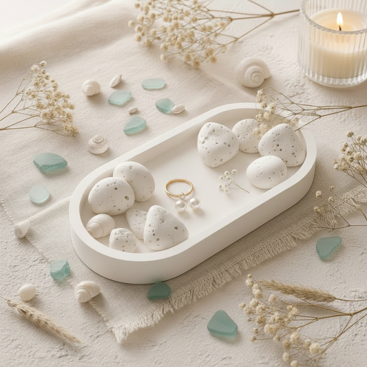 Shell White Oval Tray styled with jewellery and coastal props on white linen surface