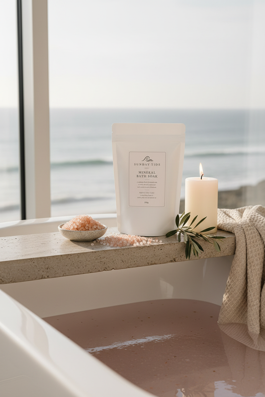 Mineral Bath Soak Morning Tide on stone bath tray with pink salt water towel and candle