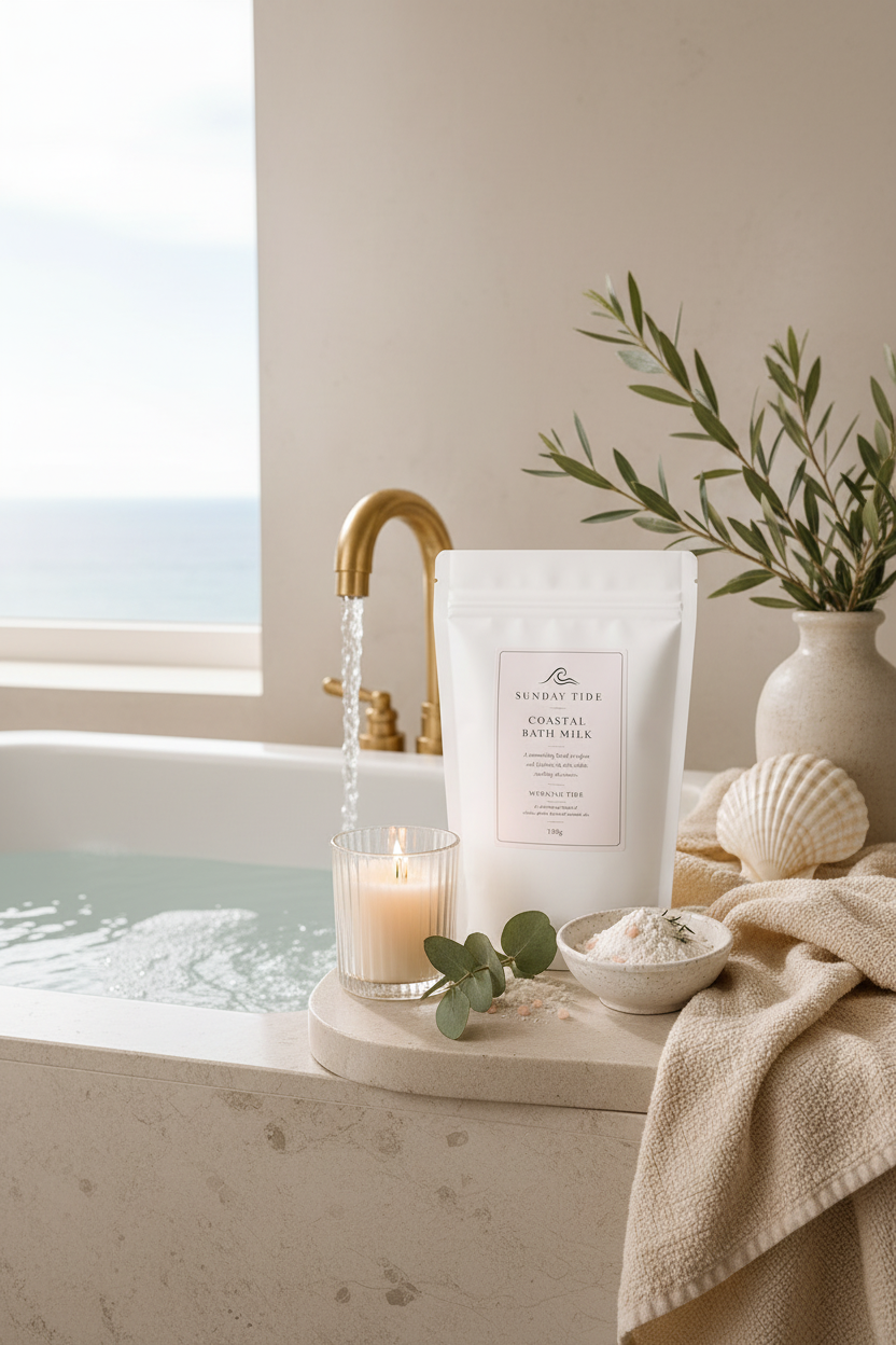 Coastal Bath Milk Morning Tide styled beside gold bath tap with towel and candle