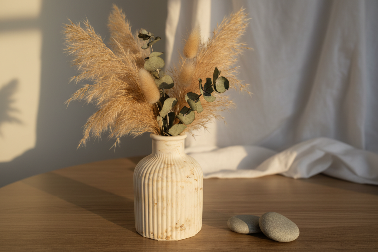 Ribbed Vase in Coastal Stone styled with pampas grass and eucalyptus on a light oak surface