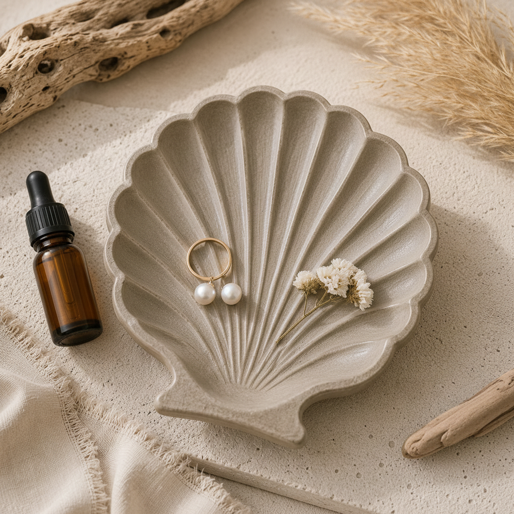 Mini Coastal Ritual Set Driftwood flat lay with jewellery on linen surface