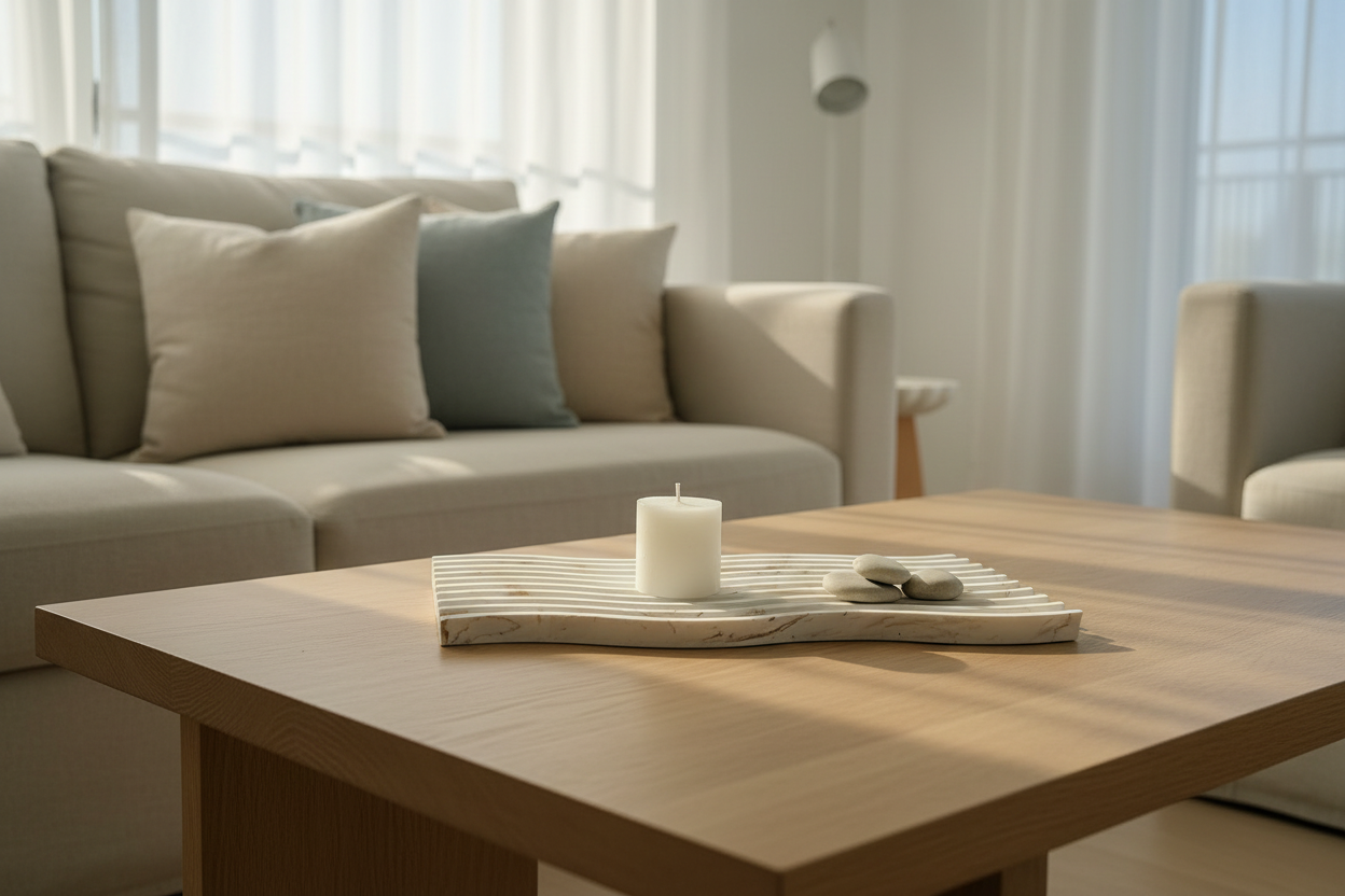 Drift Tray in Coastal Stone styled with candle and pebbles in a coastal living room