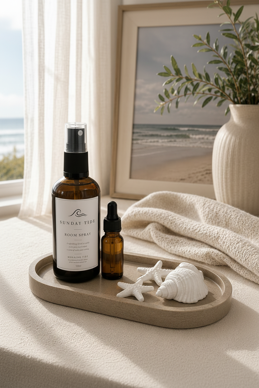 Coastal Home Ritual Set Driftwood styled on linen surface with Sunday Tide room spray, fragrance oil and white ceramic aroma stones