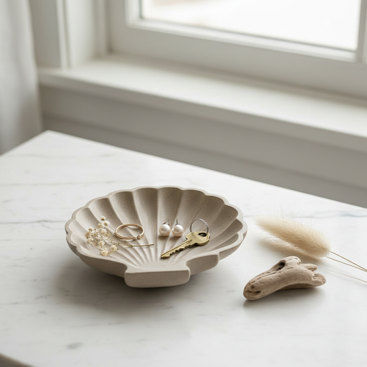 Treasure Tray Driftwood styled with jewellery on marble surface with coastal props