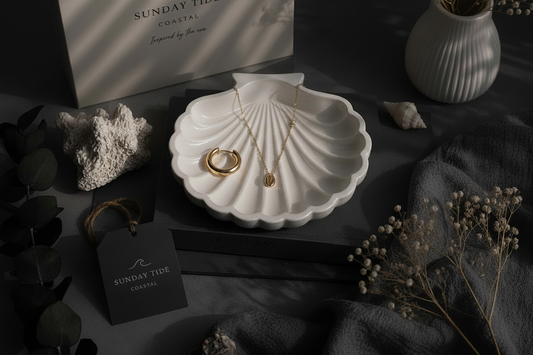 Treasure Tray Shell White styled on charcoal background lifestyle image