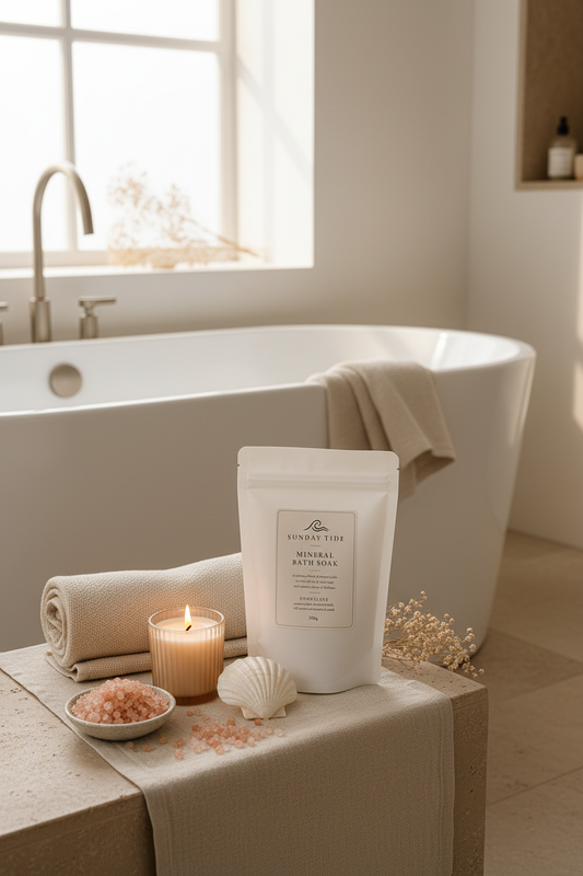 Mineral Bath Soak Shoreline on travertine surface with pink salts shell and candle