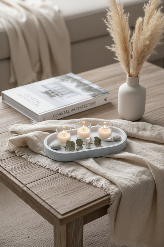 Sea Mist Oval Tray — Coastal Coffee Table with Tealights